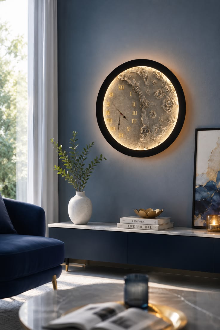 3D Textured Moon Clock Wall Lamp – Realistic Handmade LED Infinity Light for Luxury Home Decor