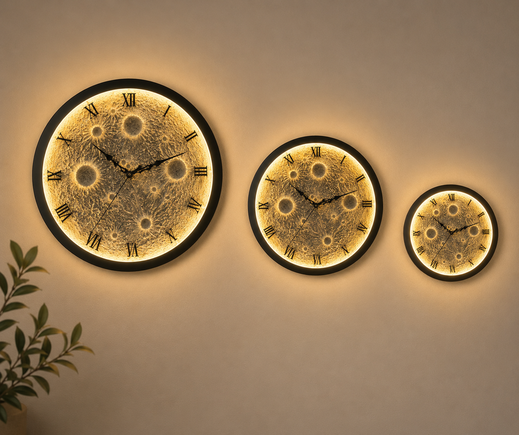 Premium Moon Clock Bundle Wall Light Handmade Wooden